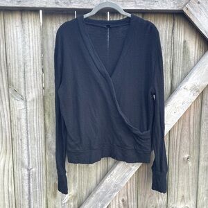 J. Crew Faux-wrap Black Top in Textured Crepe Cotton Knit
